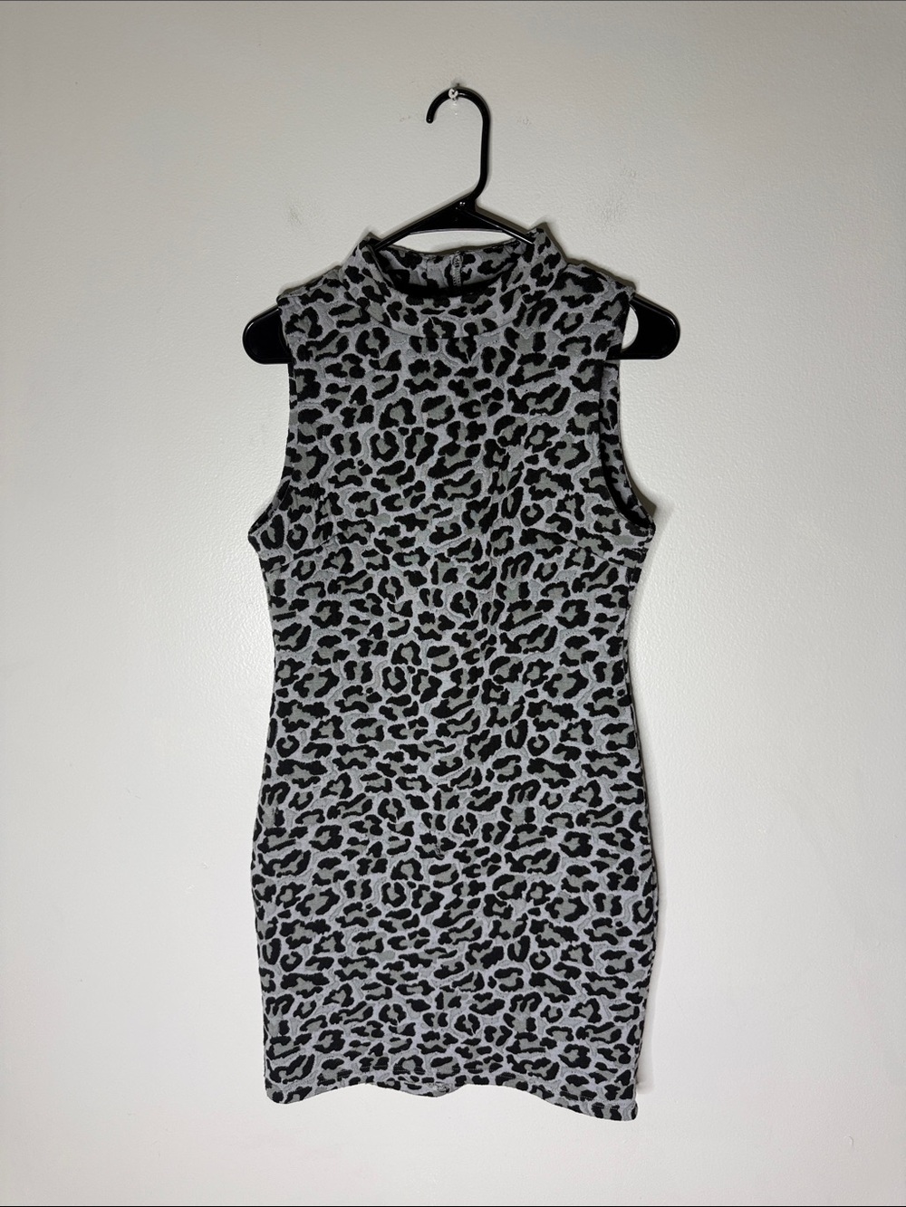 RD Style Sleeveless Mock Neck Leopard Print Bodycon Dress - Gray/Black Medium